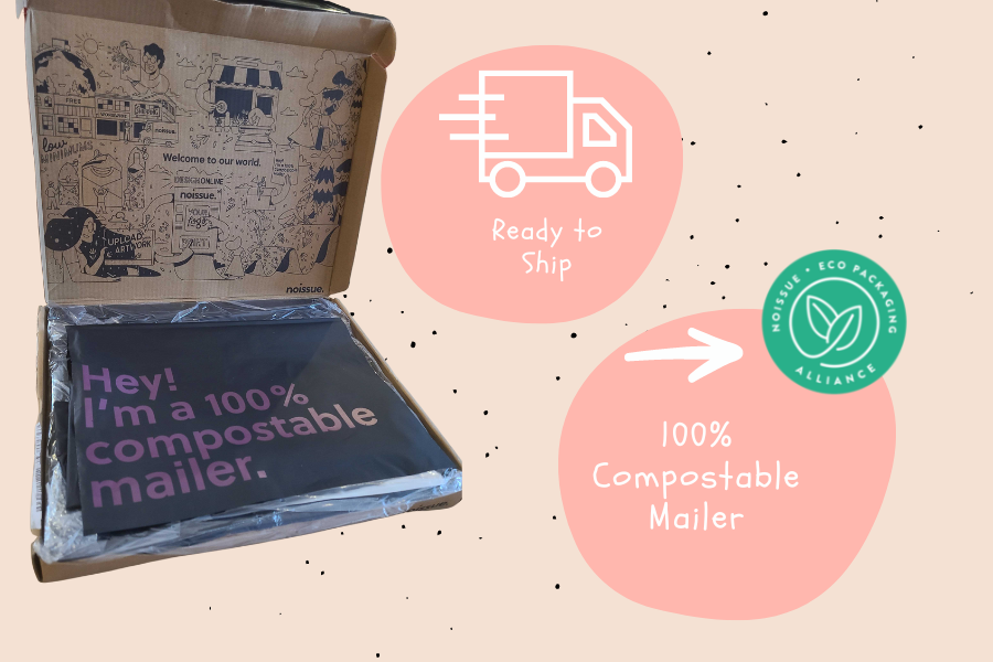 On left is an open box of compostable mailers from Noissue. To right and top, a cartoon image of a delivery vehicle with text, ready to ship. Bottom left is the noissue brand logo with text 100% compostable mailer.